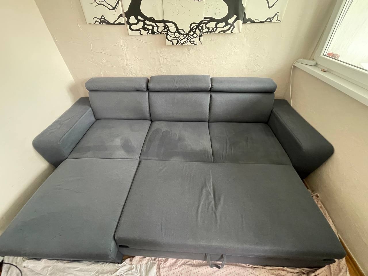 Rozłożona szara kanapa z widocznymi plamami na siedzisku, ustawiona w rogu pokoju z beżowymi ścianami i obrazem drzewa na ścianie.