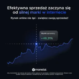 Wykres liniowy wzrostu sprzedaży o 48,31% na ciemnym tle, podkreślający wpływ silnej marki w internecie. Logo firmy w dolnej części obrazu.