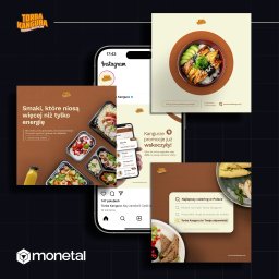 Monetal - Ekran smartfona z profilem Instagram marki Torba Kangura prezentujący catering dietetyczny, otoczony zdjęciami dań i logo firmy Monetal.