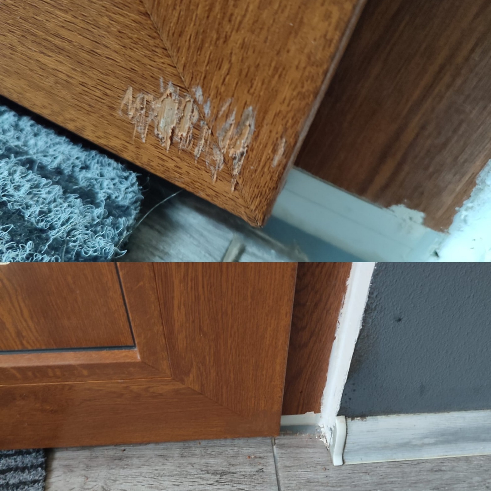 Zdjęcie 'przed i po' naprawy uszkodzonego narożnika drewnopodobnej ramy okiennej, z widocznymi śladami naprawy i odnowioną powierzchnią.