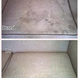 Dwuetapowe pranie tapicerki: widok 'przed' z plamami i 'po' czyszczeniu, ukazujący odświeżony, jednolity kolor sofy.