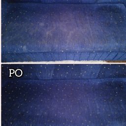 MT Gastro & Clean Marta Mencel Tyburska - Niebieska kanapa w kropki: widok przed i po czyszczeniu. Górna część pokazuje zabrudzenia, dolna - efekt po praniu, z intensywnym kolorem i bez plam.