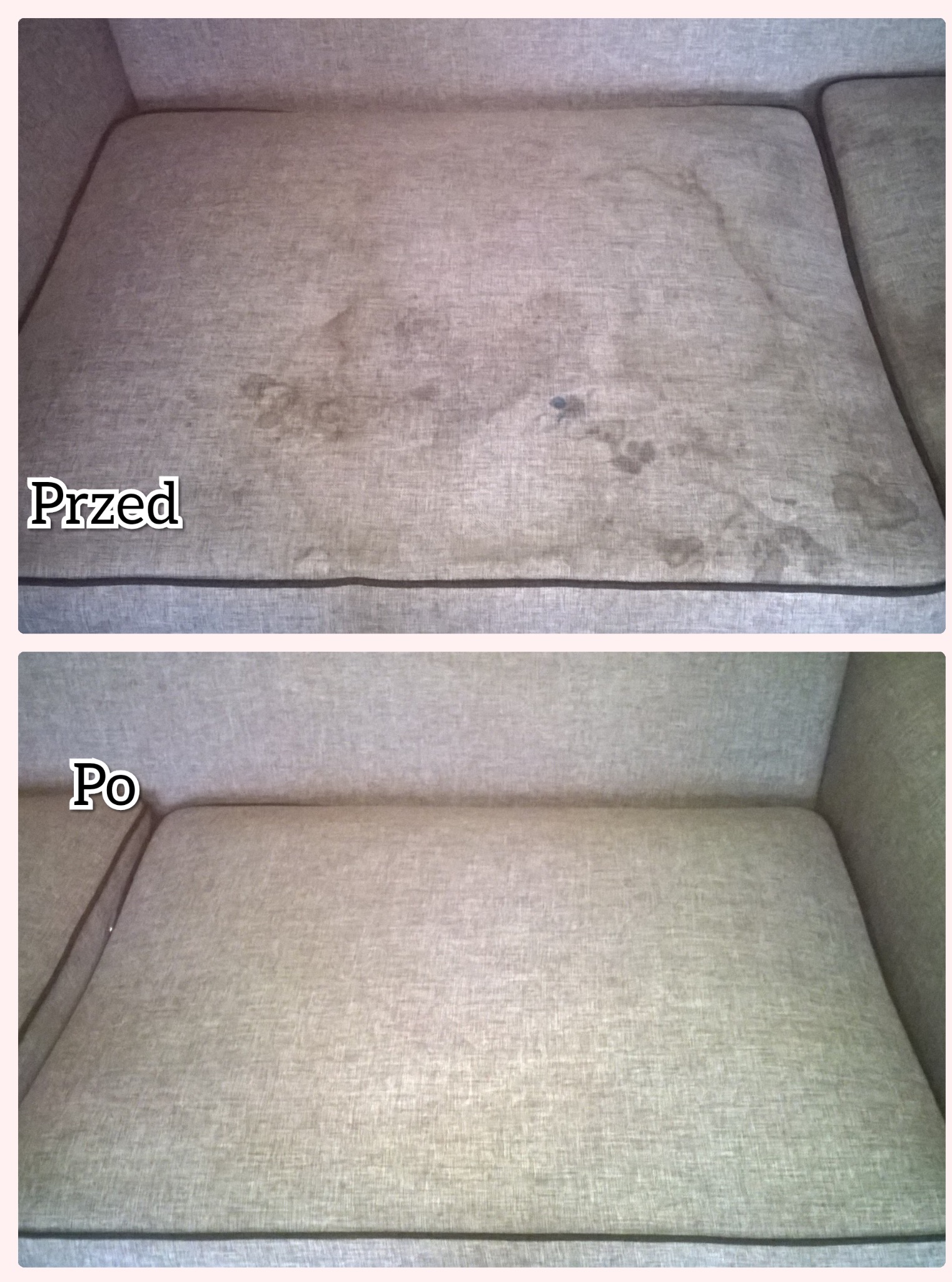 Dwuetapowe pranie tapicerki: widok 'przed' z plamami i 'po' czyszczeniu, ukazujący odświeżony, jednolity kolor sofy.