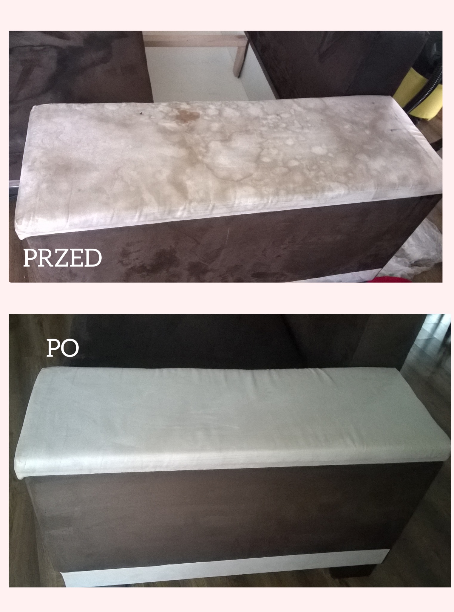 Tapicerowany puf: widok przed i po czyszczeniu. Góra pufa z wyraźnymi plamami (PRZED) i po wyczyszczeniu (PO), na brązowym korpusie. Efekt czyszczenia.