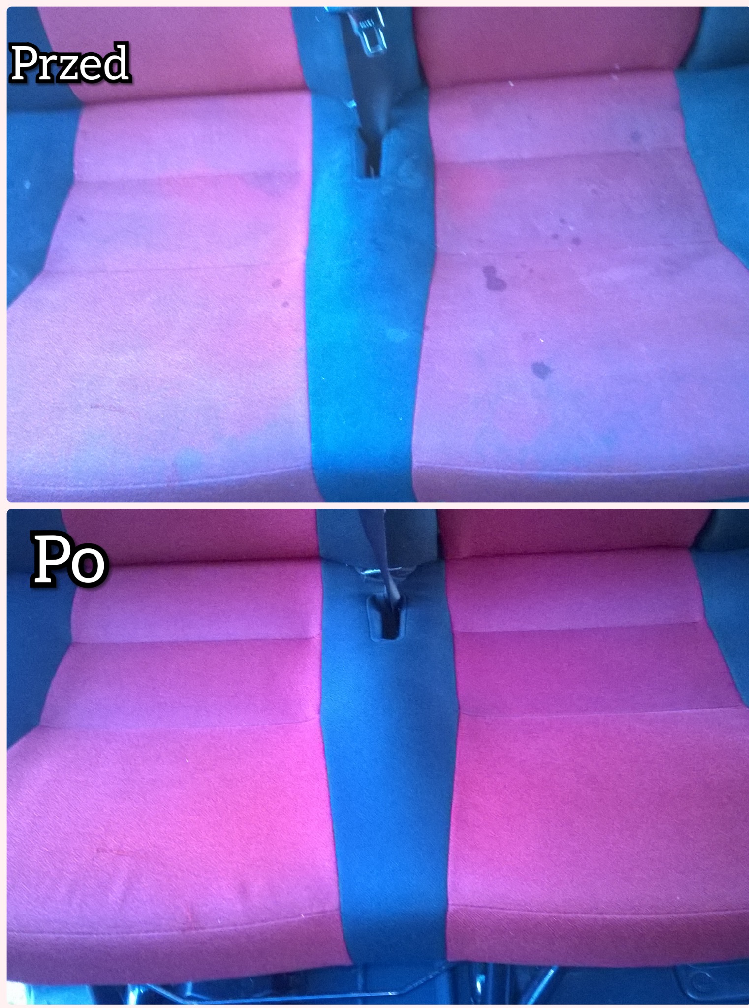 Tapicerka samochodowa przed i po praniu: widoczne plamy usunięte, odświeżony wygląd różowo-niebieskiego siedzenia. Efekt czyszczenia tapicerki.