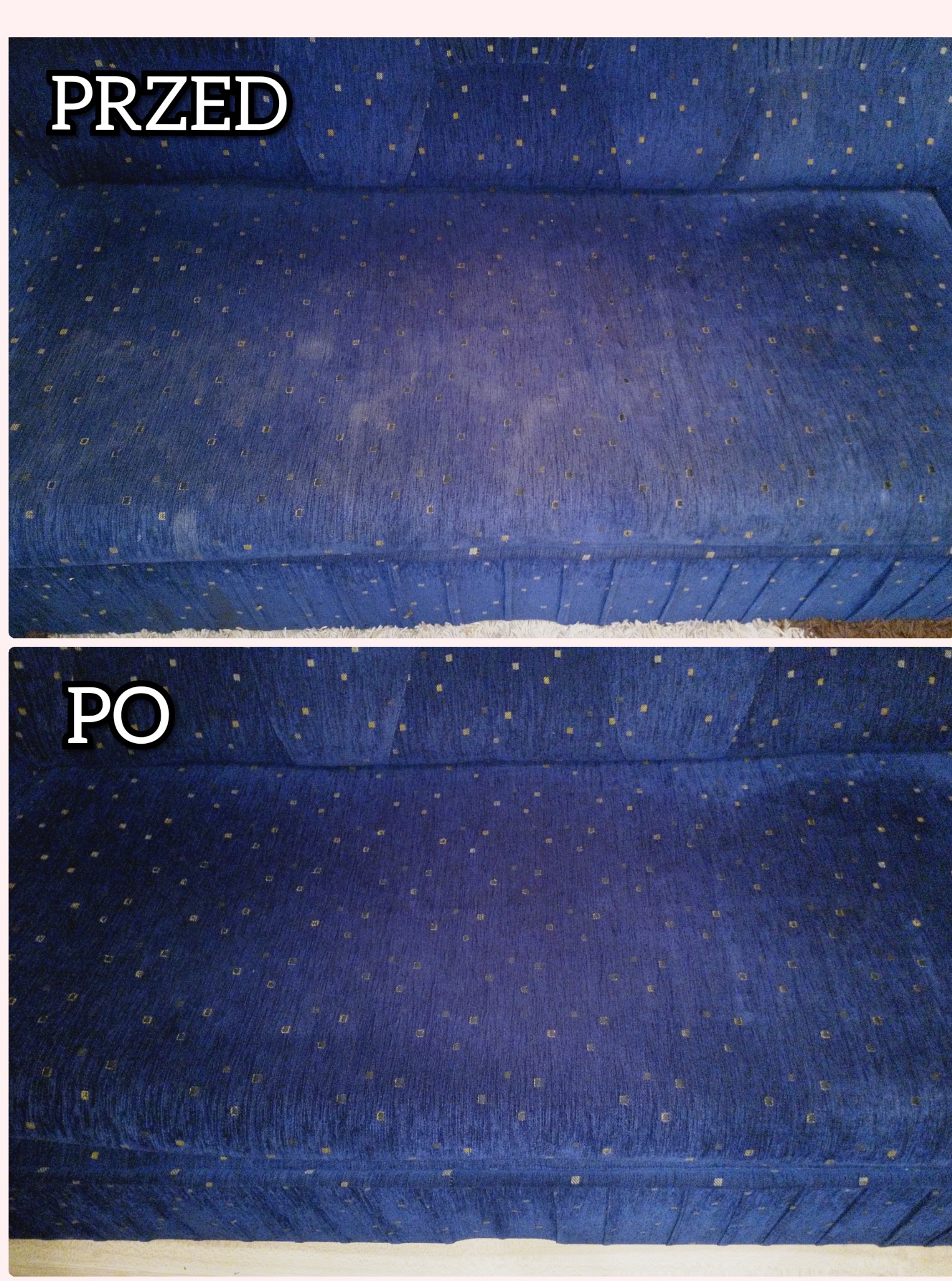 Niebieska kanapa w kropki: widok przed i po czyszczeniu. Górna część pokazuje zabrudzenia, dolna - efekt po praniu, z intensywnym kolorem i bez plam.