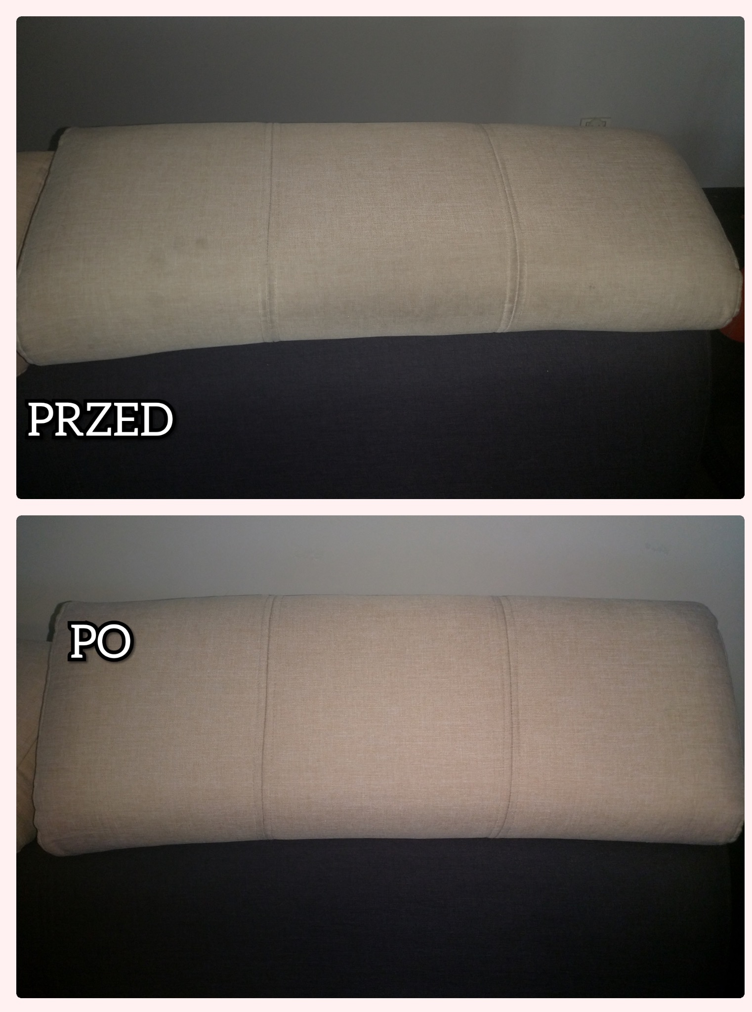 Kanapa 'przed' z plamami i 'po' czyszczeniu, ukazująca różnicę w odcieniu i czystości tkaniny. Efekt prania tapicerki, widoczne detale szwu.
