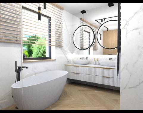 Nowoczesna łazienka z wolnostojącą wanną, podwójną umywalką i okrągłymi lustrami. Parkiet ułożony w jodełkę. Białe marmurowe ściany i drewniane żaluzje.