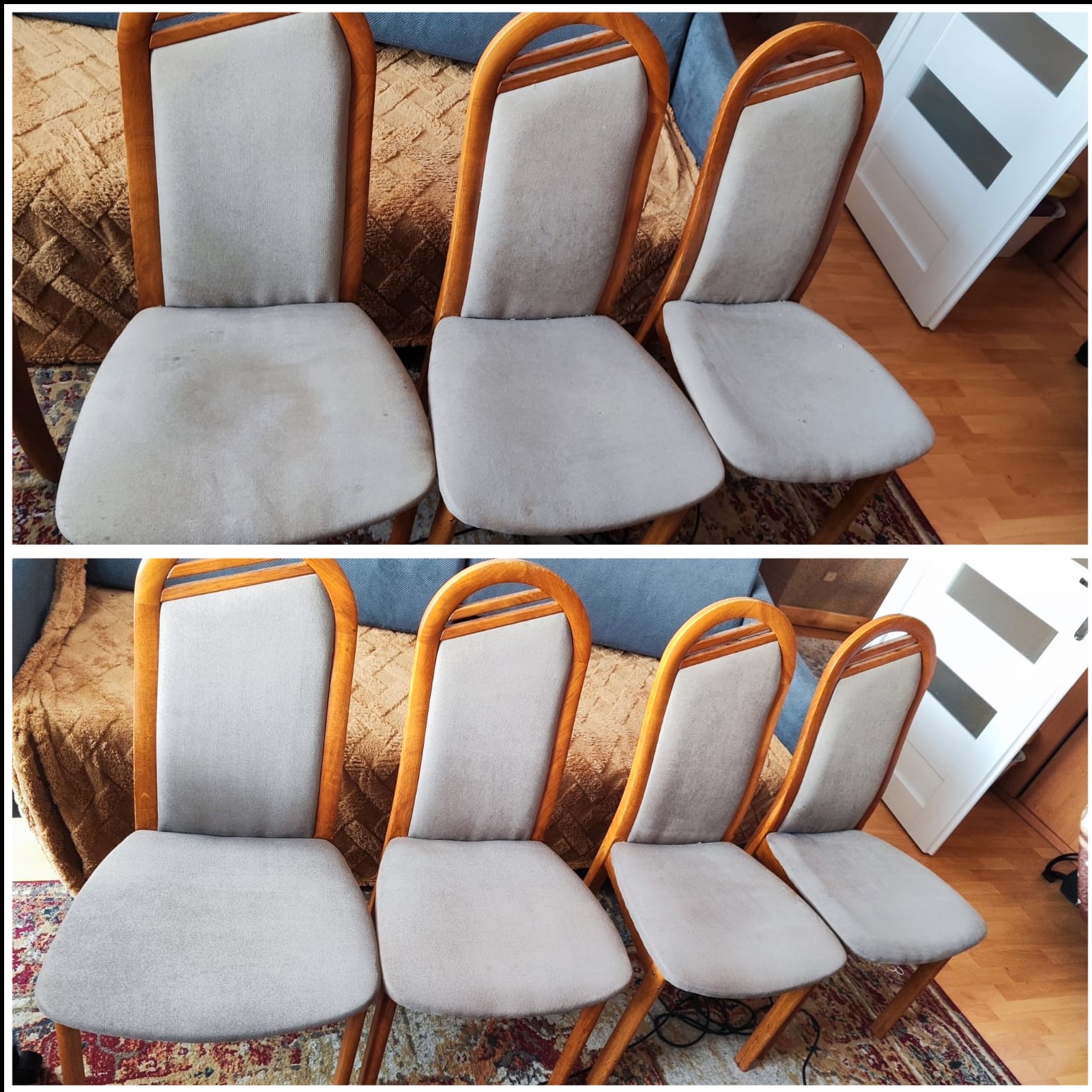 Zdjęcie 'przed i po' prania tapicerki krzeseł z drewnianymi ramami. Na górze widoczne zabrudzenia, na dole czyste, odświeżone krzesła. Efekt czyszczenia tapicerki.