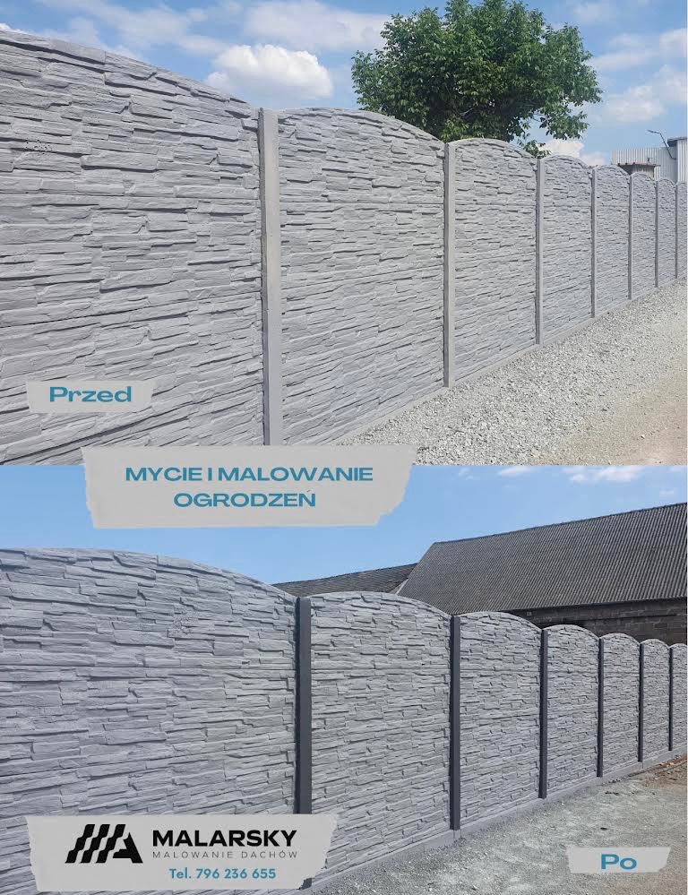 Zdjęcie ogrodzenia betonowego przed i po myciu i malowaniu. Widoczne różnice w czystości i odcieniu szarości. Prezentacja efektu pracy firmy Malarsky.