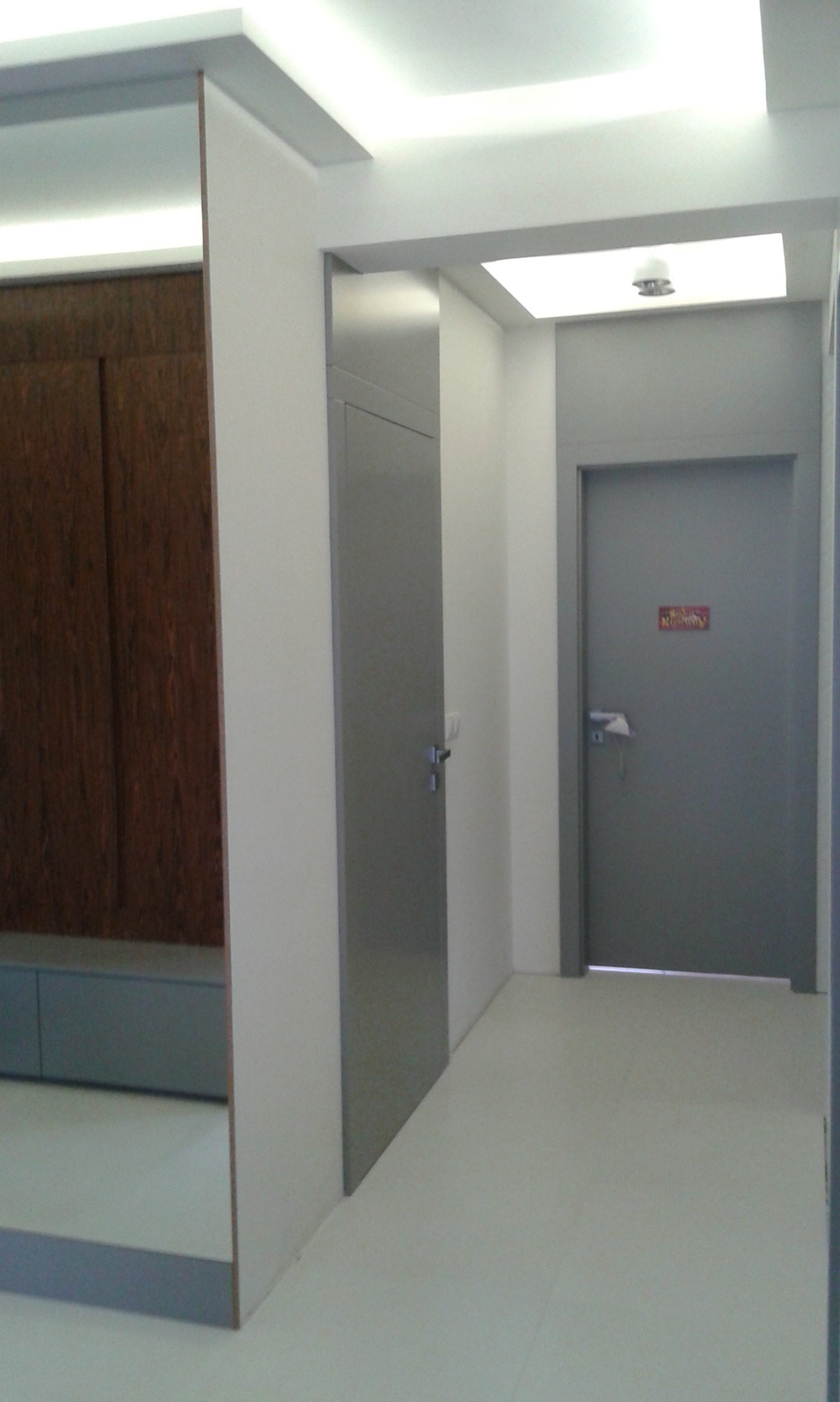 Nowoczesny korytarz z zabudową z drewna, szarą szafą wnękową i drzwiami. Minimalistyczny design, oświetlenie sufitowe. Perspektywa wnętrza.