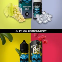 Kompozycja dw&oacute;ch wariant&oacute;w smakowych e-liquid&oacute;w: winogronowy z lodem i cytrynowo-malinowy, prezentowanych z owocami i kostkami lodu na kontrastowym tle.