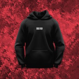 Piotr Dąbrowski - Czarna bluza z kapturem 'Double G Wear' na abstrakcyjnym, czerwonym tle. Prezentacja odzieży z nadrukiem, unikalny design i styl.