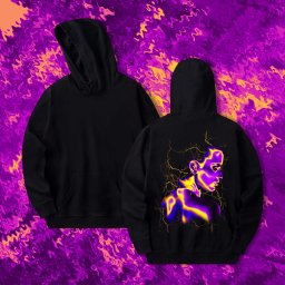 Piotr Dąbrowski - Dwie czarne bluzy z kapturem na tle abstrakcyjnego wzoru w odcieniach fioletu i żółci. Jedna bluza gładka, druga z grafiką kobiety w stylu neonowym i złotymi błyskawicami.