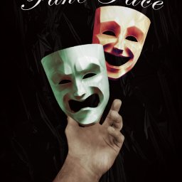 Piotr Dąbrowski - Ilustracja: Dłoń trzymająca dwie maski teatralne (smutną i wesołą) na czarnym tle. Napis 'Fake Face' u góry. Mroczny klimat, artystyczny charakter.