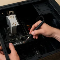 Czyszczenie karty graficznej GeForce RTX wewnątrz obudowy komputera stacjonarnego za pomocą pędzelka antystatycznego. Widoczny cooler procesora.