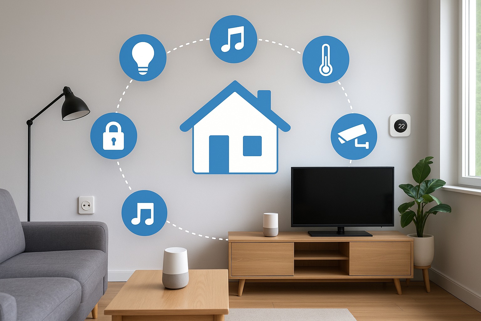 Salon z szarą sofą, telewizorem i elementami graficznymi inteligentnego domu: oświetlenie, muzyka, termostat, monitoring, zamek. Nowoczesne wzornictwo.
