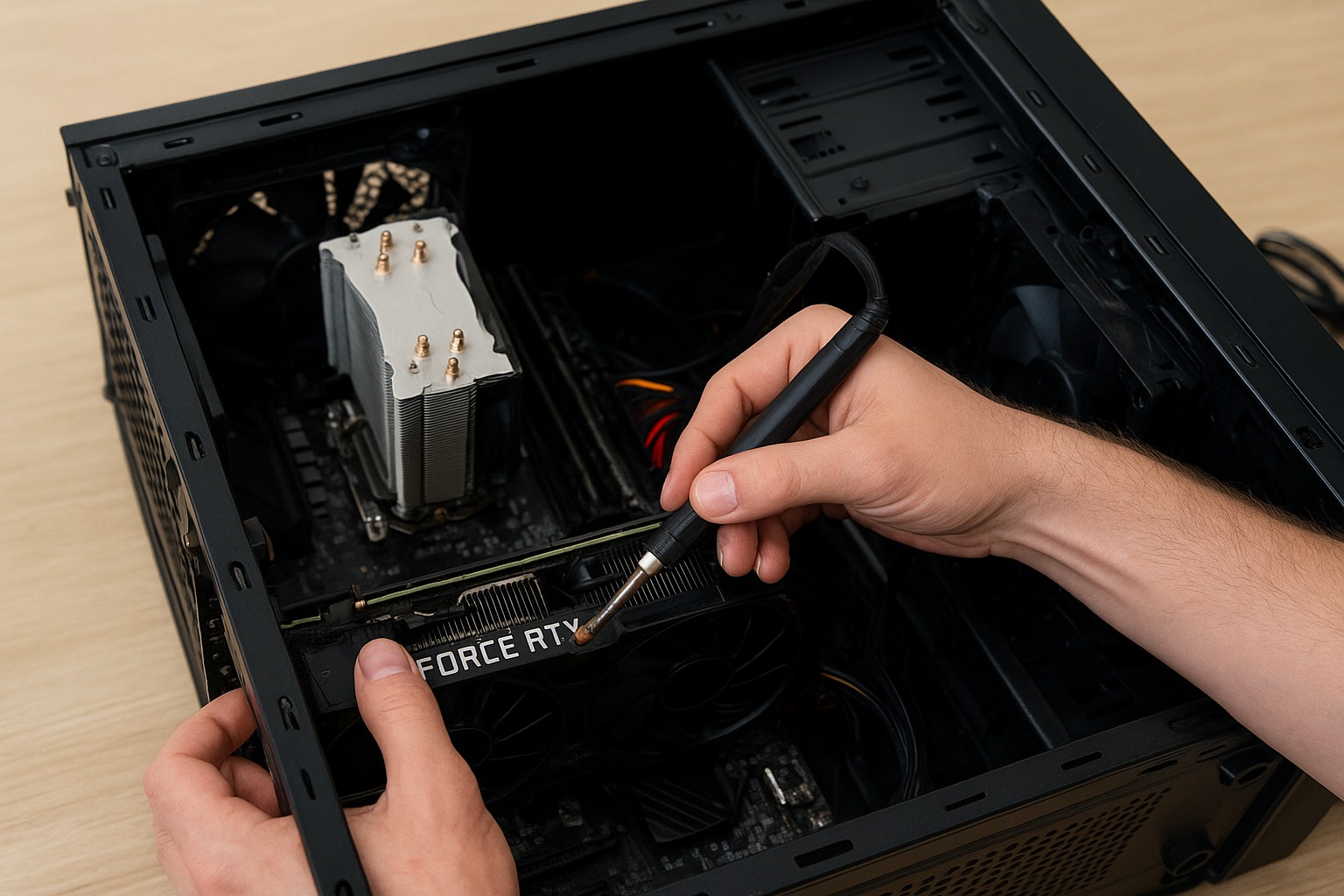 Czyszczenie karty graficznej GeForce RTX wewnątrz obudowy komputera stacjonarnego za pomocą pędzelka antystatycznego. Widoczny cooler procesora.