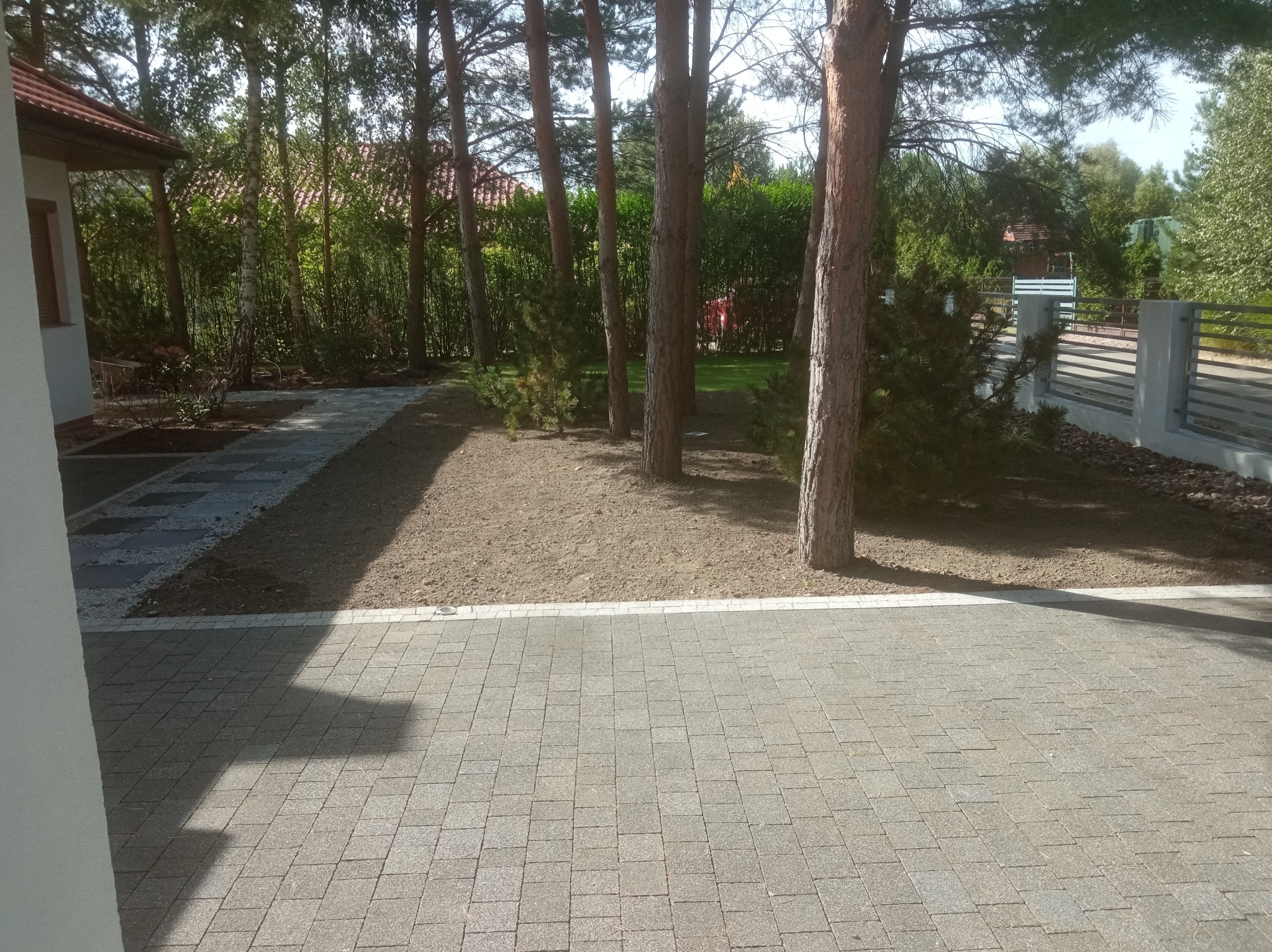 Ścieżka z płyt i kostki brukowej w ogrodzie z nasadzeniami drzew i krzewów, widok z brukowanego podjazdu w słoneczny dzień.