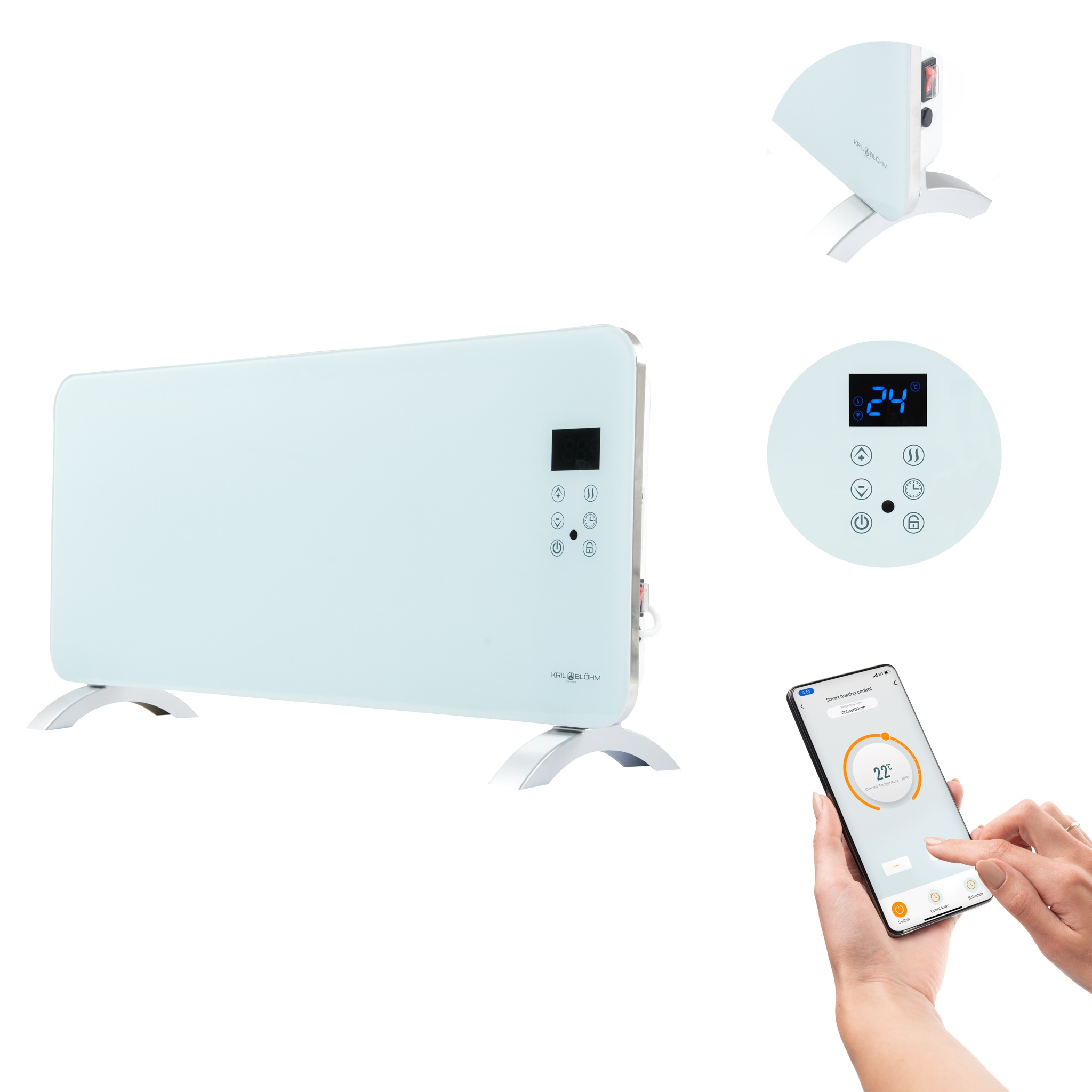 Biały, szklany grzejnik konwektorowy na nóżkach, z panelem sterowania i aplikacją mobilną na smartfonie. Prezentacja produktu na białym tle.