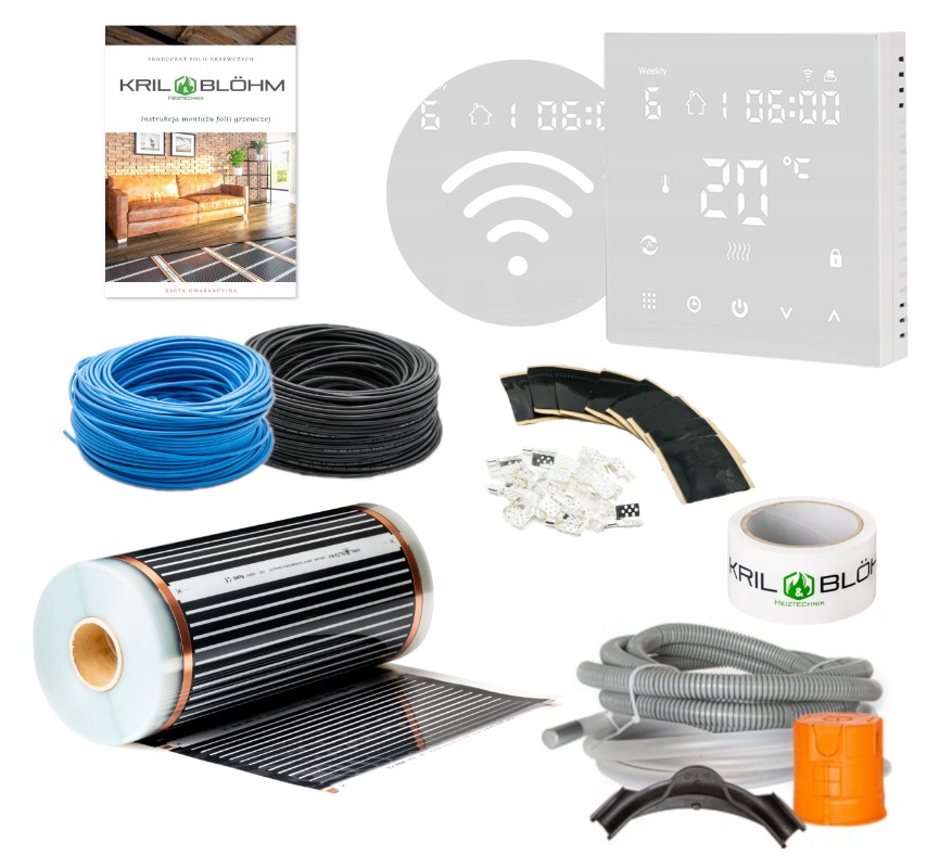 Zestaw do montażu maty grzewczej: mata w rolce, przewody, regulator temperatury, instrukcja, akcesoria montażowe Kril Blöhm Heitztechnik.