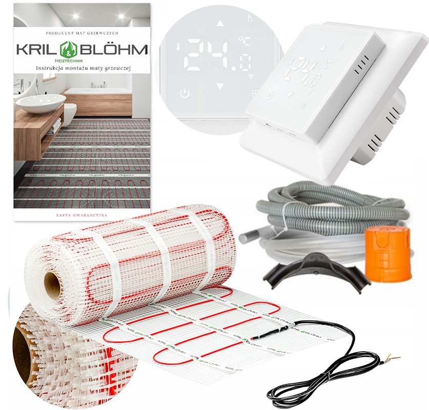 Zestaw do montażu ogrzewania podłogowego: mata grzewcza w rolce, regulator temperatury, rury, czujnik i instrukcja. Widoczny fragment łazienki z zainstalowaną matą.