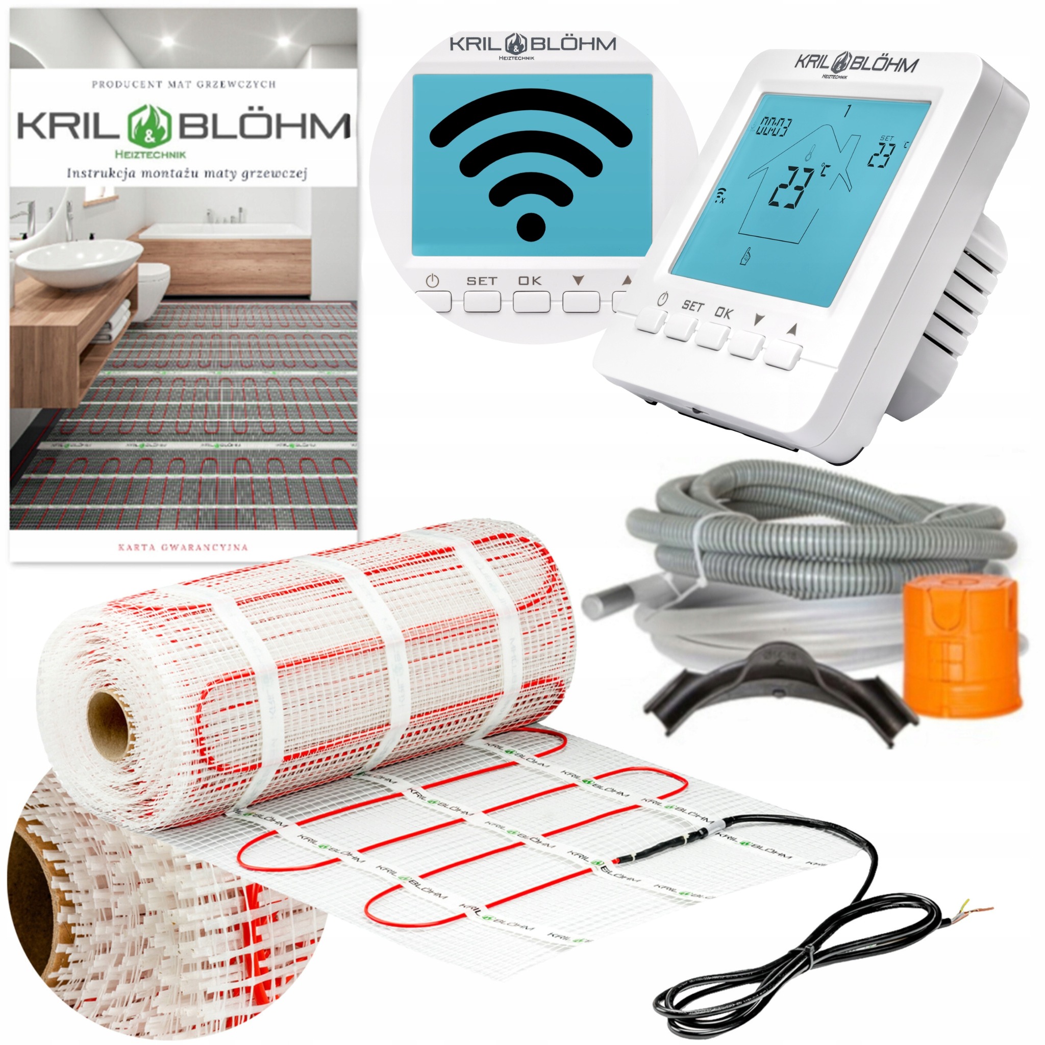 Zestaw do montażu ogrzewania podłogowego: mata grzewcza rozwinięta z rolki, termostat z wyświetlaczem, przewody i instrukcja montażu.