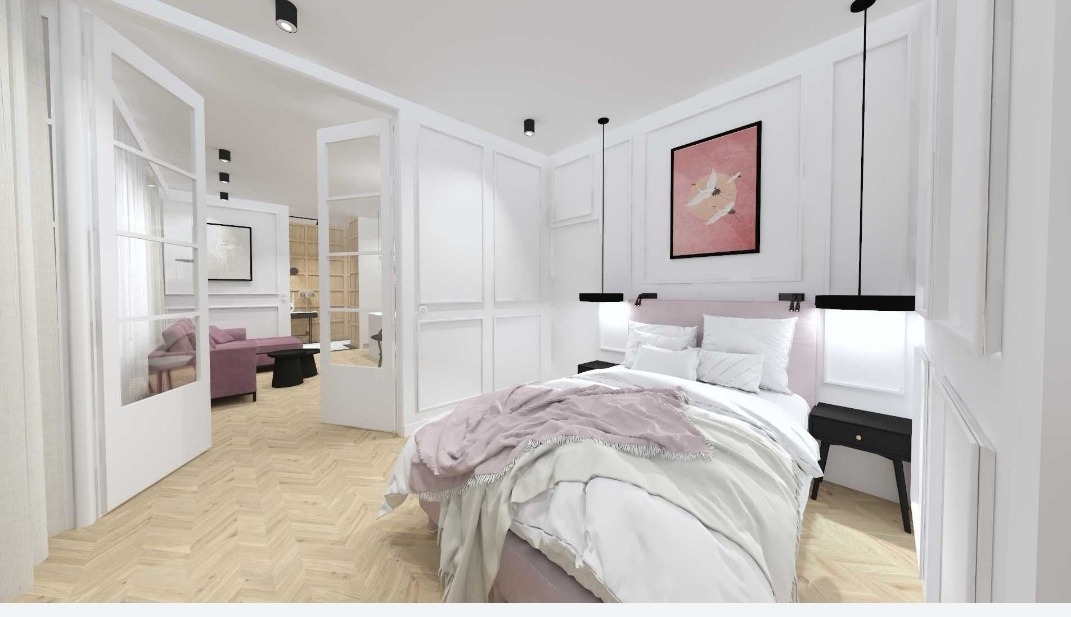 Jasna sypialnia z łóżkiem, różową narzutą i minimalistycznymi lampami wiszącymi. Widok na salon przez przeszklone, białe drzwi. Parkiet w jodełkę.