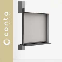 CONTA TECHNIKA - Minimalistyczna, szara żaluzja fasadowa SCREEN ZPT, zamontowana na elewacji budynku, z logo firmy Conta Technika w tle. Stonowana kolorystyka i nowoczesny design.