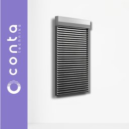 CONTA TECHNIKA - Szara żaluzja fasadowa w kasecie, widoczna z bliska na białej ścianie, z logo firmy po lewej stronie i napisem 'FASADOWA BOX' po prawej.