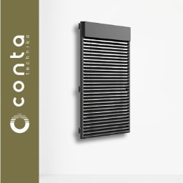 CONTA TECHNIKA - Szare żaluzje fasadowe CUBE Conta technika, zamontowane na jasnej ścianie. Widoczne poziome lamele i górna kaseta.