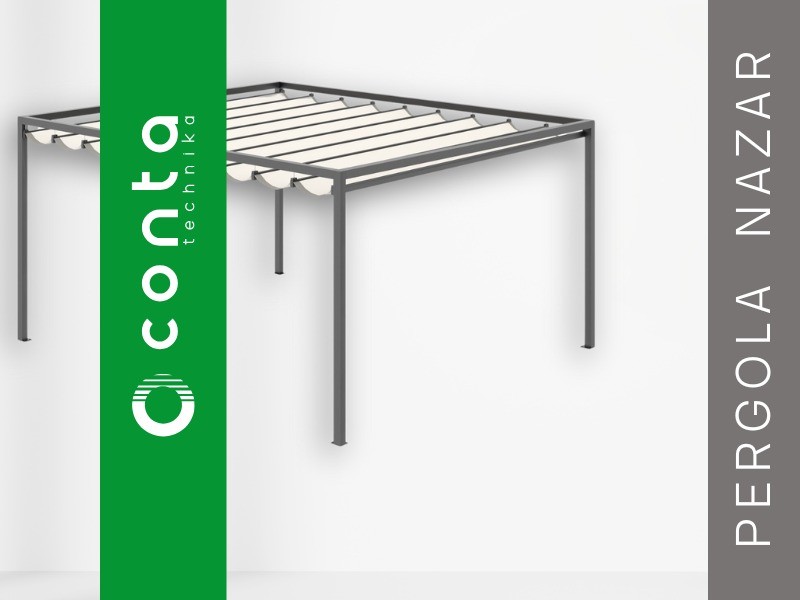 Nowoczesna, metalowa pergola w kolorze szarym z beżowym, zwijanym zadaszeniem, widoczna z góry na jasnym tle. Minimalistyczny design.