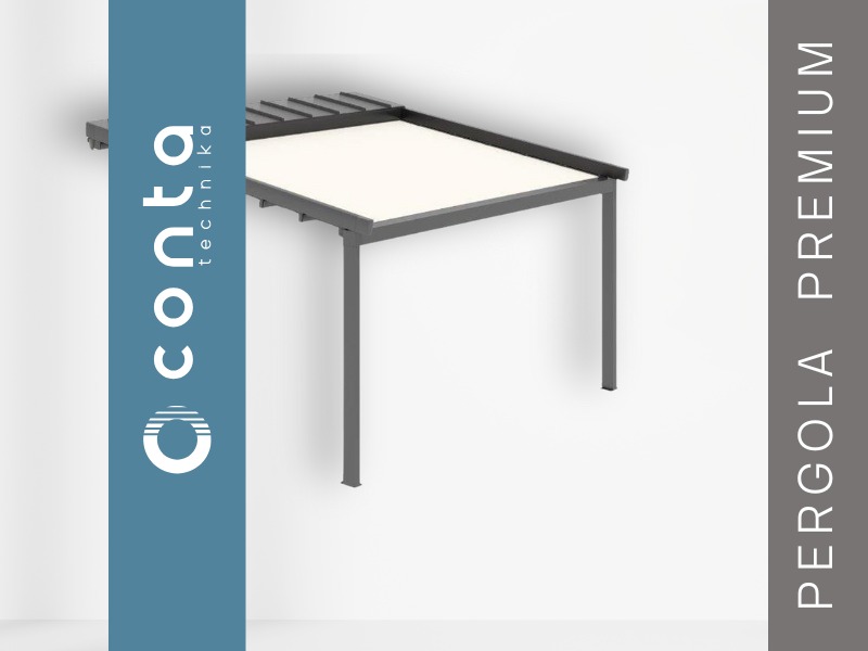 Nowoczesna pergola metalowa w minimalistycznym stylu, z płaskim zadaszeniem i szarą konstrukcją, na jasnym tle. Widoczny logo producenta.