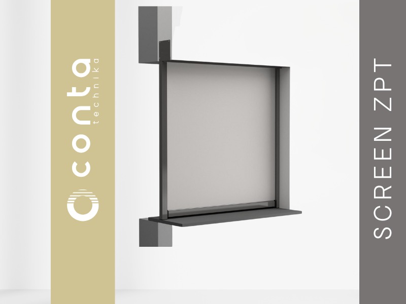 Minimalistyczna, szara żaluzja fasadowa SCREEN ZPT, zamontowana na elewacji budynku, z logo firmy Conta Technika w tle. Stonowana kolorystyka i nowoczesny design.