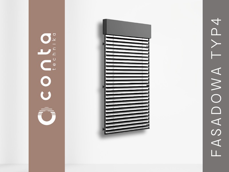 Szare żaluzje fasadowe Conta TYP4, z poziomymi lamelami, zamontowane na jasnej ścianie. Widoczny branding firmy. Minimalistyczny design.
