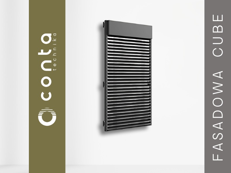 Szare żaluzje fasadowe CUBE Conta technika, zamontowane na jasnej ścianie. Widoczne poziome lamele i górna kaseta.