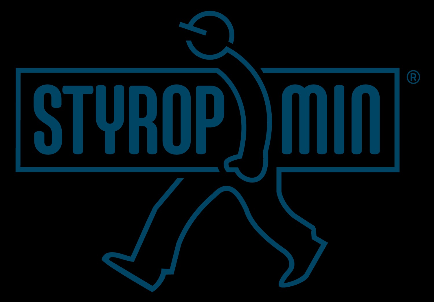 Niebieski logotyp Styropmin na czarnym tle, przedstawiający postać niosącą napis 'STYROP MIN' na plecach. Znak towarowy w prawym górnym rogu.