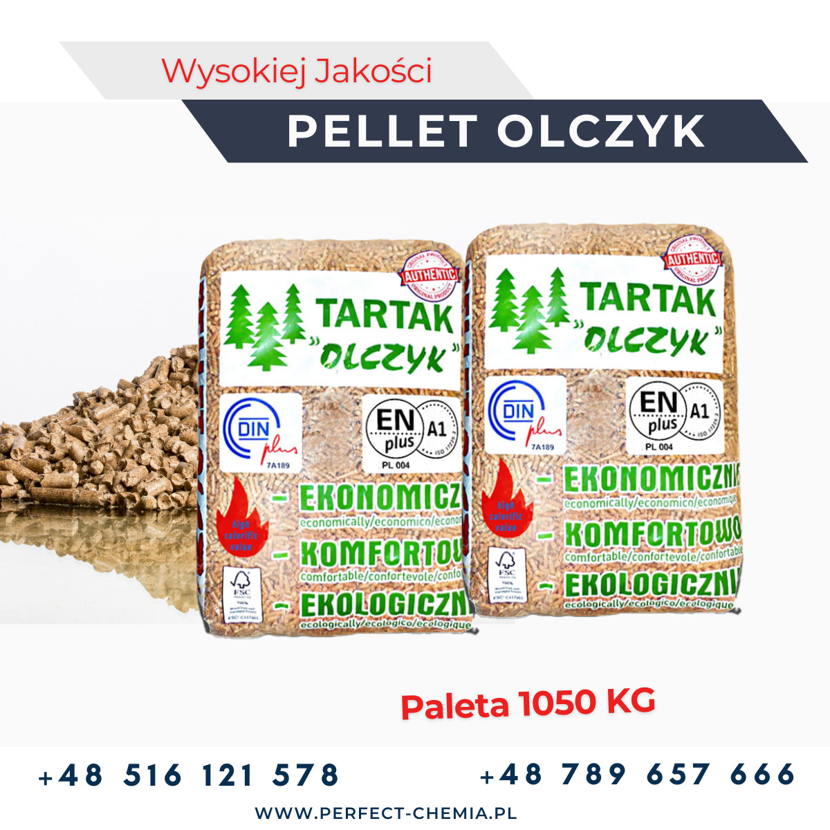 Dwie torby pelletu drzewnego Tartak Olczyk 1050 KG z certyfikatami DINplus i ENplus A1, ułożone obok pryzmy pelletu. Reklama Perfect-Chemia.pl.