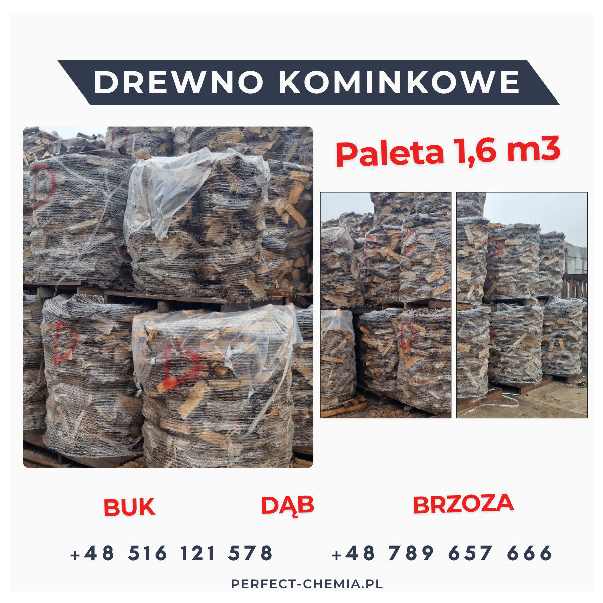 Palety z drewnem kominkowym (buk, dąb, brzoza) w przezroczystych workach. Widoczne numery kontaktowe i nazwa firmy. Drewno ułożone w stosy.