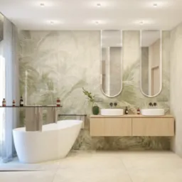 Jasna łazienka z motywem tropikalnym: wolnostojąca wanna, podwójna umywalka na szafce z drewna, podświetlane lustra, kabina prysznicowa typu walk-in.