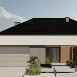 Wizualizacja nowoczesnego domu jednorodzinnego z garażem, czarnym dachem i elementami drewnianymi. Uwagę przykuwa minimalistyczny ogród z ozdobnymi krzewami i oświetleniem.