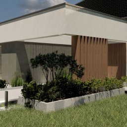 ZMYSŁ WNĘTRZA Architektura Roksana Simińska - Wizualizacja domu jednorodzinnego z garażem, z elementami drewnianymi i zielenią w ogrodzie. Nowoczesna architektura z minimalistycznym designem i dbałością o detale.