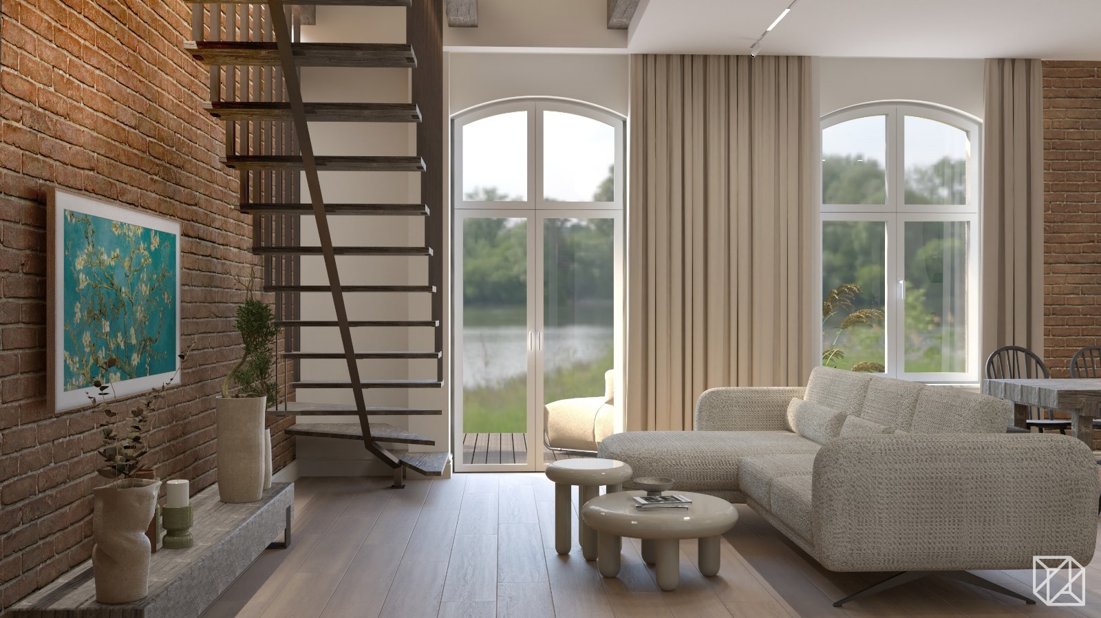 Loftowe wnętrze z ceglaną ścianą, obrazem, schodami i beżową sofą. Widok na jezioro przez okna z łukami. Minimalistyczne stoliki kawowe i drewniana podłoga.
