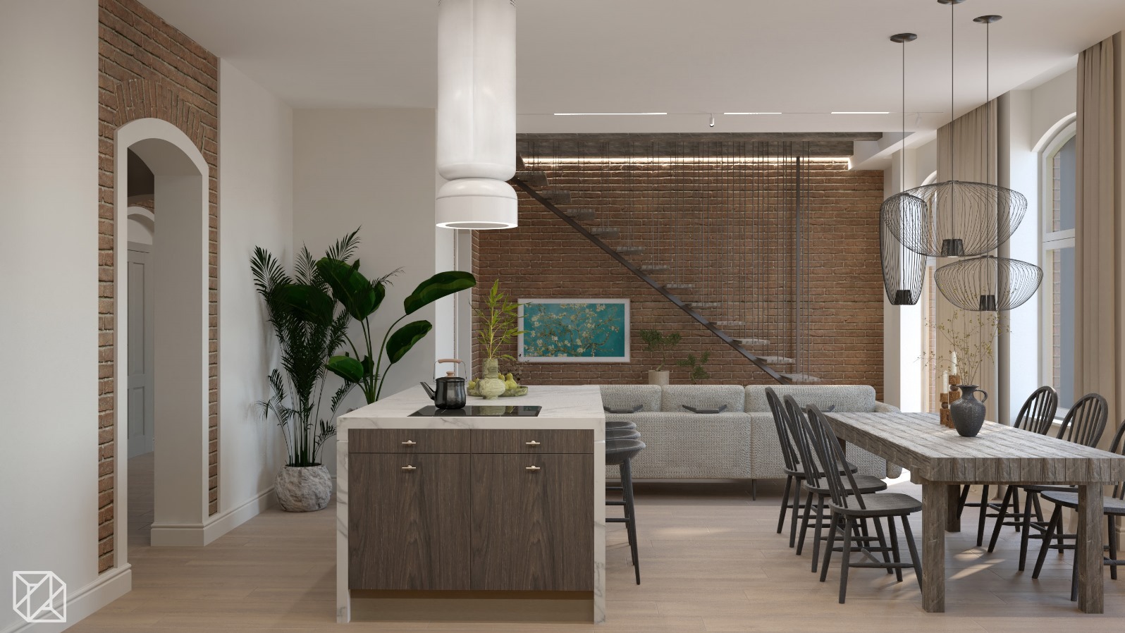 Nowoczesna kuchnia z wyspą i jadalnią w otwartej przestrzeni. Ceglana ściana, schody, designerskie lampy. Minimalistyczny wystrój z roślinami doniczkowymi.