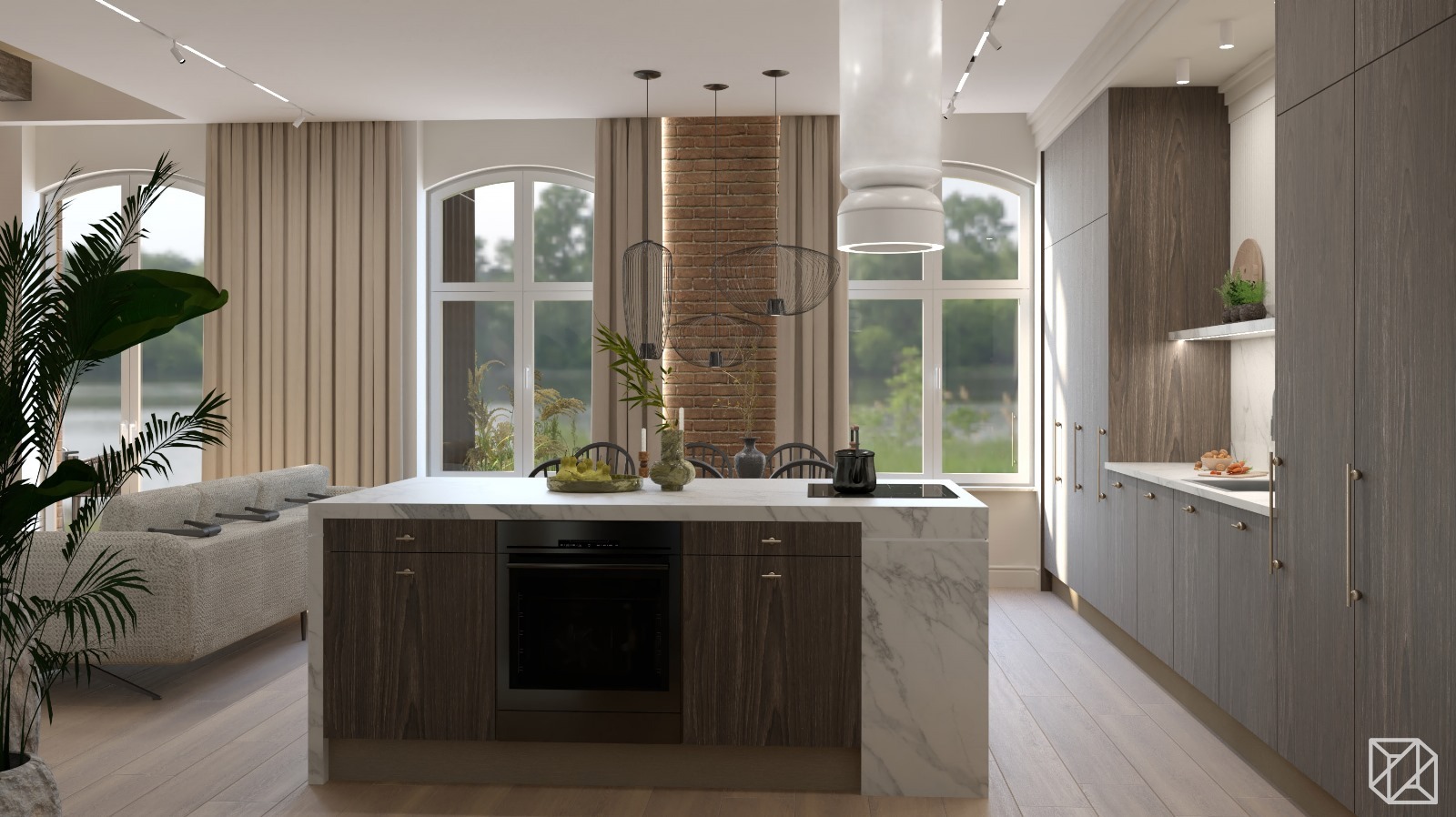 Nowoczesna kuchnia z wyspą i marmurowym blatem, drewniane szafki w odcieniach szarości, ceglana ściana w tle, duże okna z widokiem na zieleń, designerskie lampy wiszące.