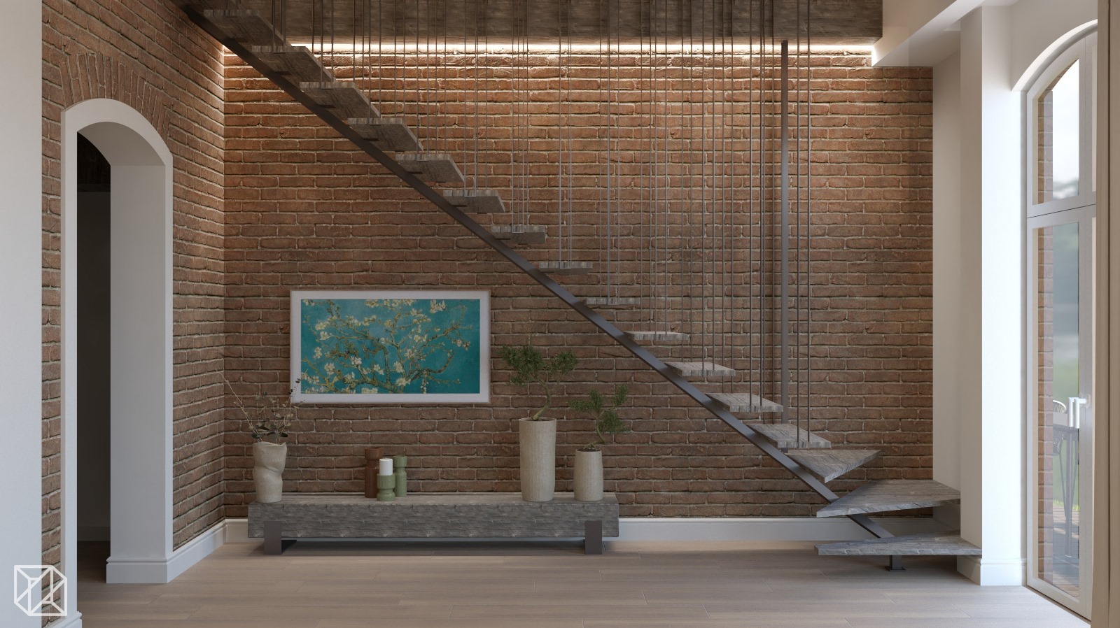 Loftowe wnętrze z ceglaną ścianą, obrazem w ramie i minimalistycznymi schodami z metalową balustradą. Dekoracje roślinne i drewniane akcenty dodają przytulności.