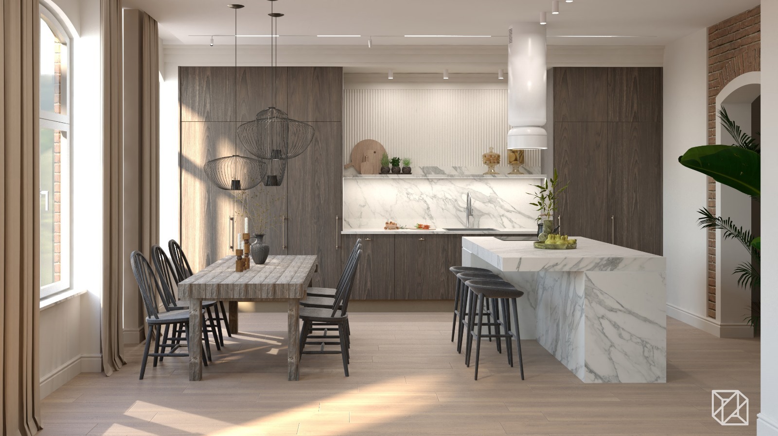 Nowoczesna kuchnia z wyspą i jadalnią w odcieniach szarości i bieli. Marmurowy blat, drewniane szafki, designerskie lampy wiszące. Duże okno z zasłonami.