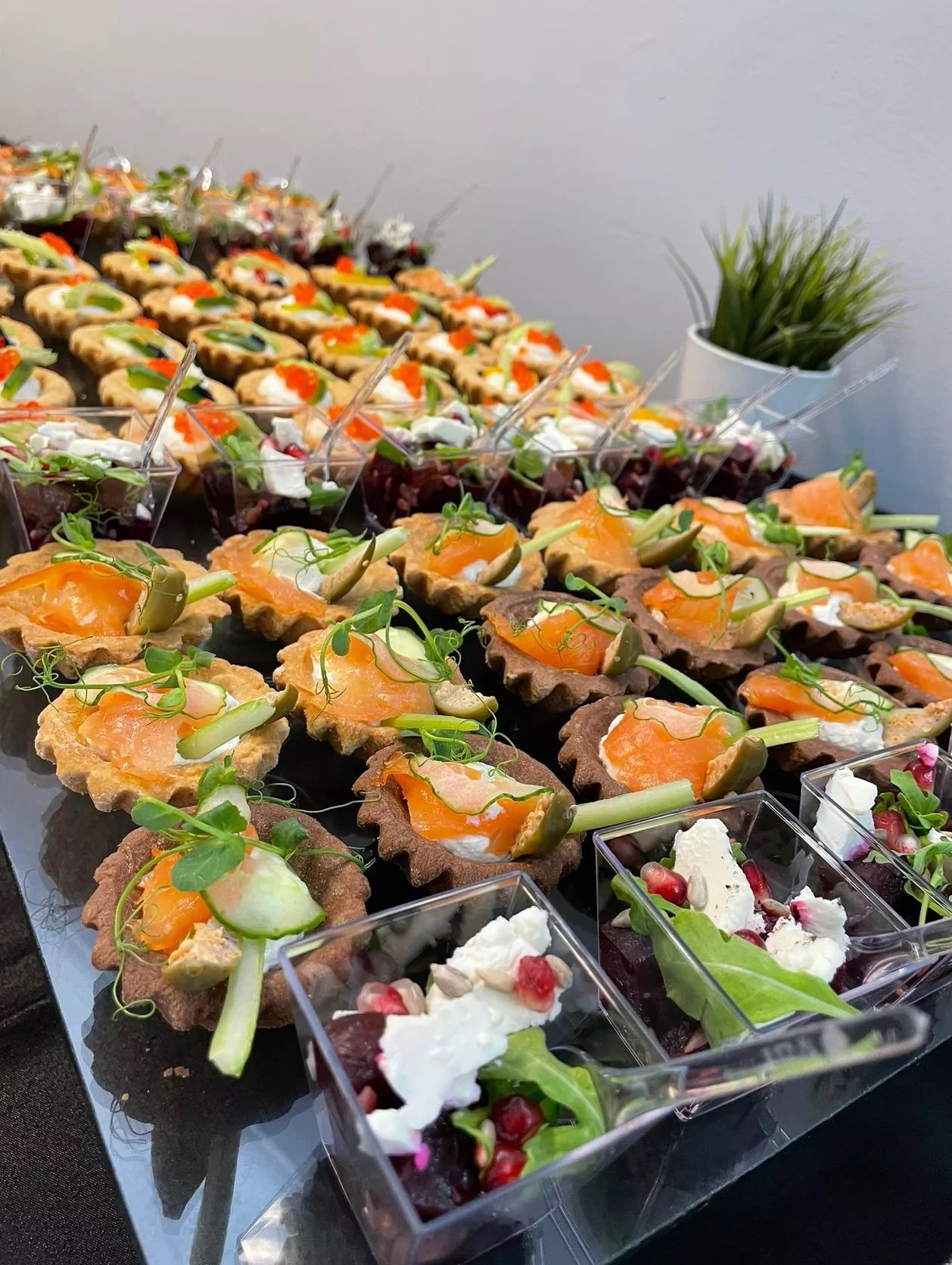 Elegancki catering: tartaletki z łososiem i mini sałatki z burakiem, fetą i granatem, ułożone na czarnym blacie, w tle zielona roślina.