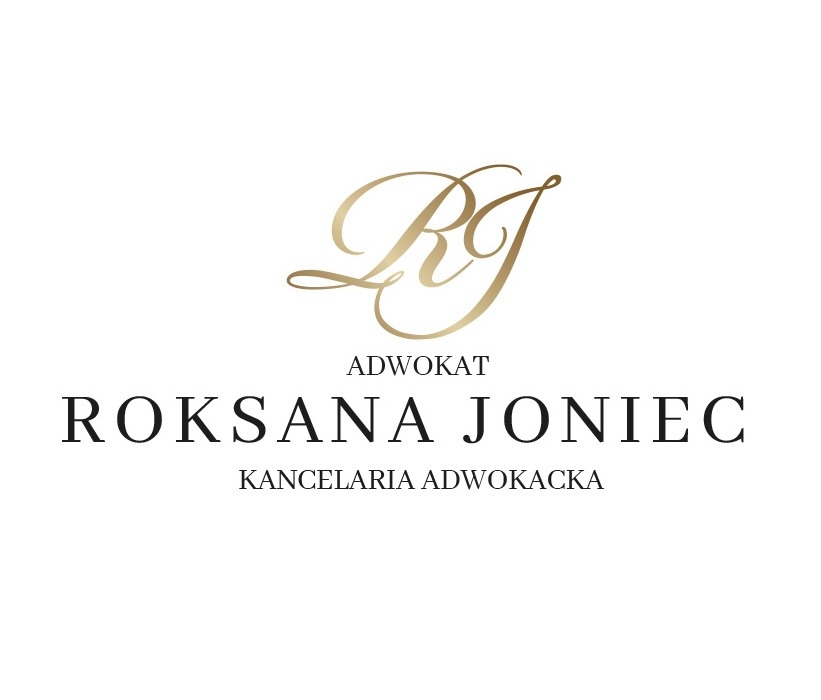 Eleganckie logo kancelarii adwokackiej Roksany Joniec z inicjałami 'RJ' w złotej kaligrafii na białym tle. Minimalistyczny design.