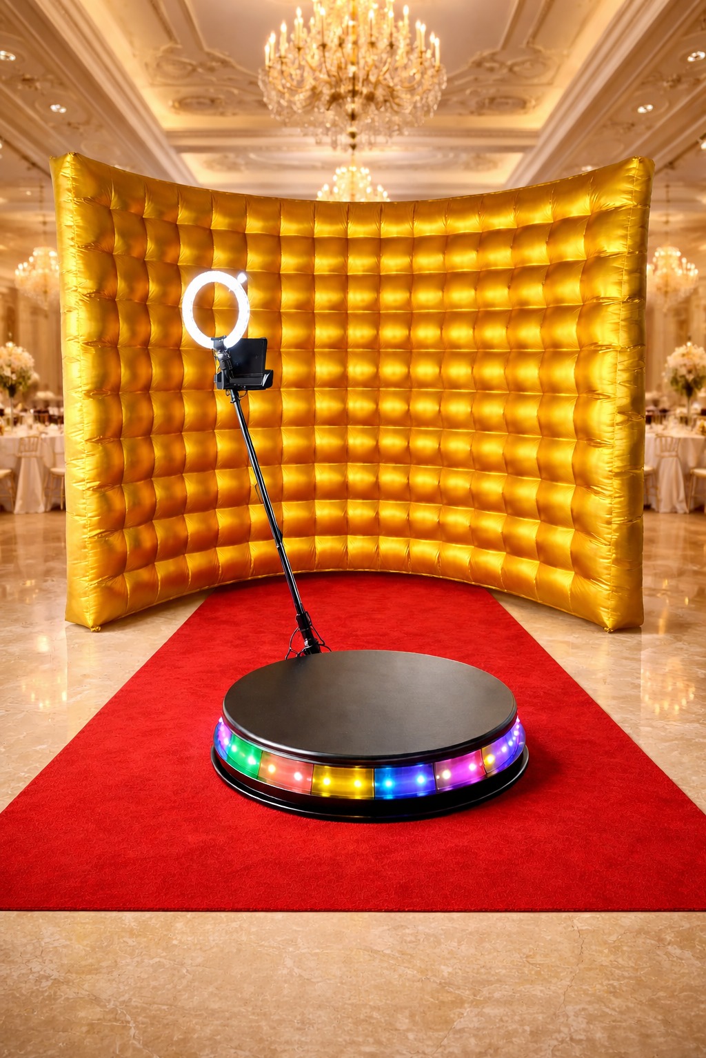 Rotacyjna platforma z oświetleniem LED i złotym, dmuchanym tłem na czerwonym dywanie w eleganckiej sali balowej z żyrandolami. Sprzęt do nagrywania wideo 360 stopni.